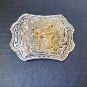 Vintage 3D style golden Saddle on Silver Tone  big cowboy western belt buckle